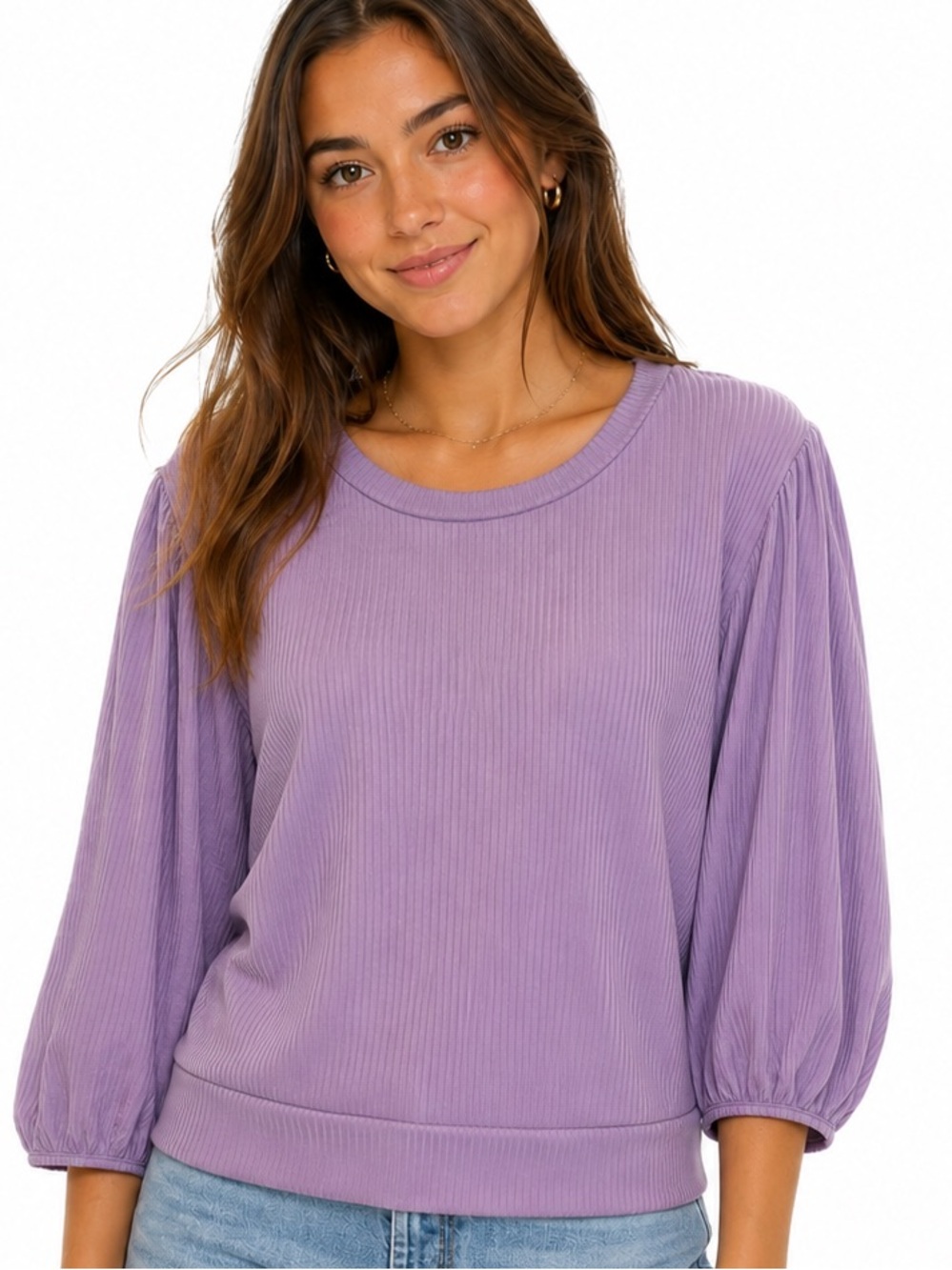 Women’s Lavender Ribbed 3/4 Length Puff-Sleeve Top | Size Large - Picture 1 of 6